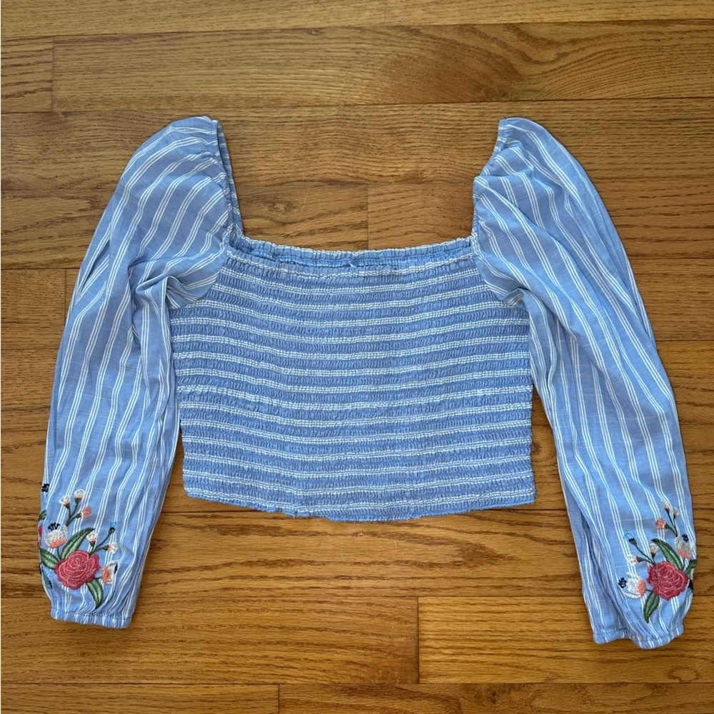 Xhilaration Smocked Blue & White Square Neck Crop Top